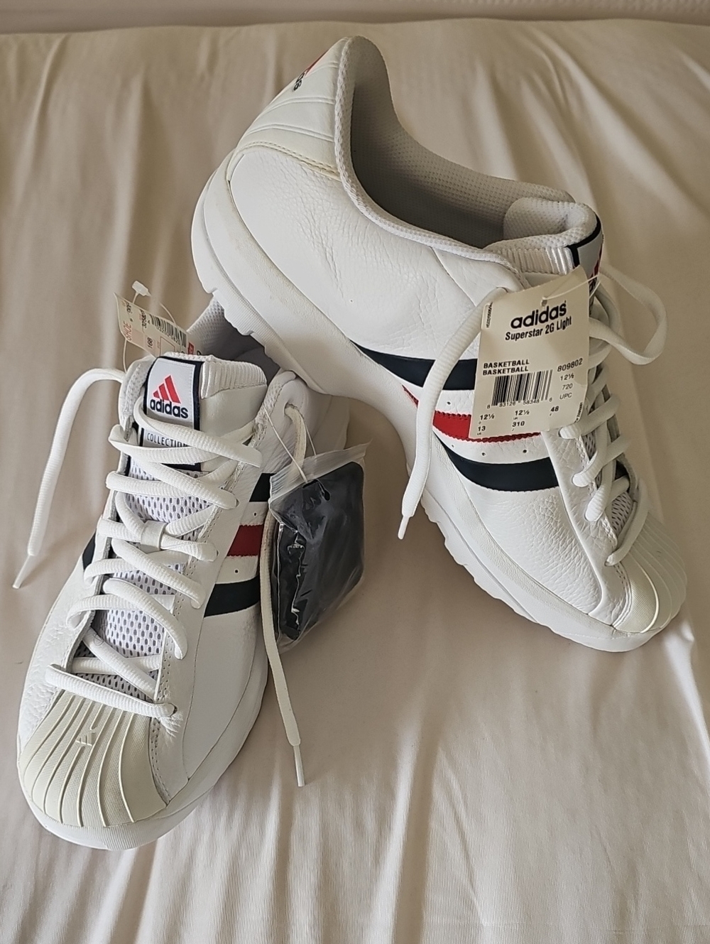 adidas Superstar 2G Light White Sneakers with Red & Navy Stripe Accents